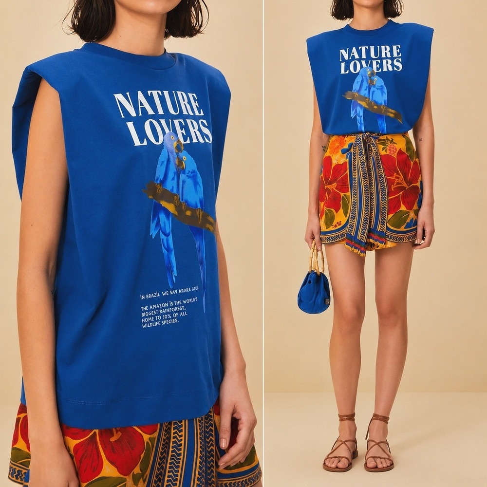 Farm Rio Nature Lovers Blue Shoulder Pad T-shirt XL Macaw Graphic Tee Cotton